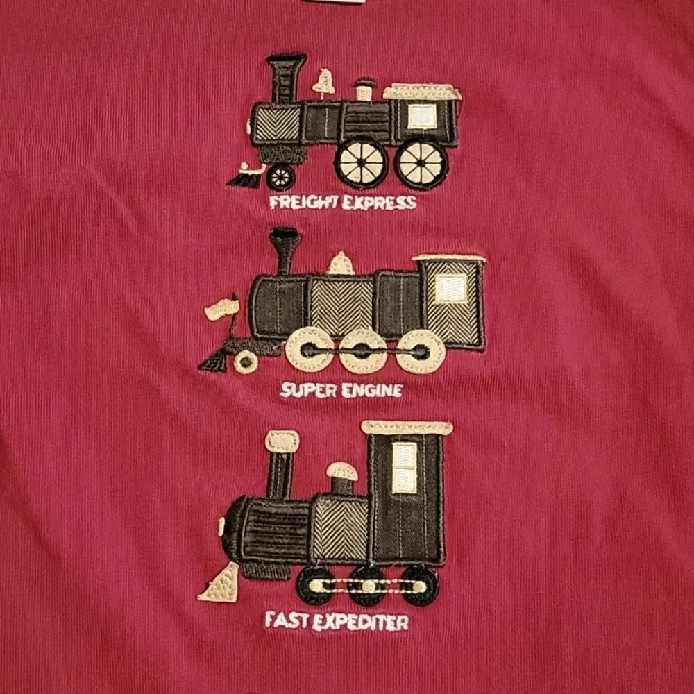 JANIE AND JACK RED LONG-SLEEVE T-SHIRT WITH TRAINS, SIZE 12-18 MONTHS